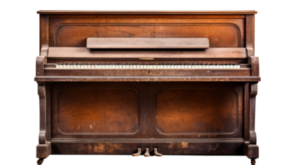 A very old brown piano, vintage isolated on transparent and white background.PNG image 