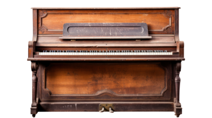 A very old brown piano, vintage isolated on transparent and white background.PNG image 