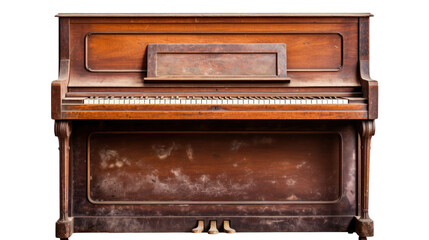 A very old brown piano, vintage isolated on transparent and white background.PNG image 