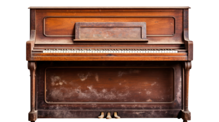 A very old brown piano, vintage isolated on transparent and white background.PNG image 