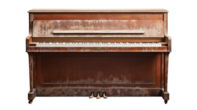 A very old brown piano, vintage isolated on transparent and white background.PNG image 
