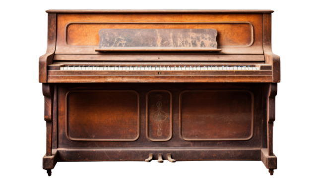 A very old brown piano, vintage isolated on transparent and white background.PNG image 