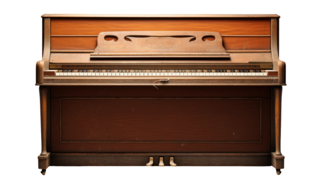 A very old brown piano, vintage isolated on transparent and white background.PNG image 
