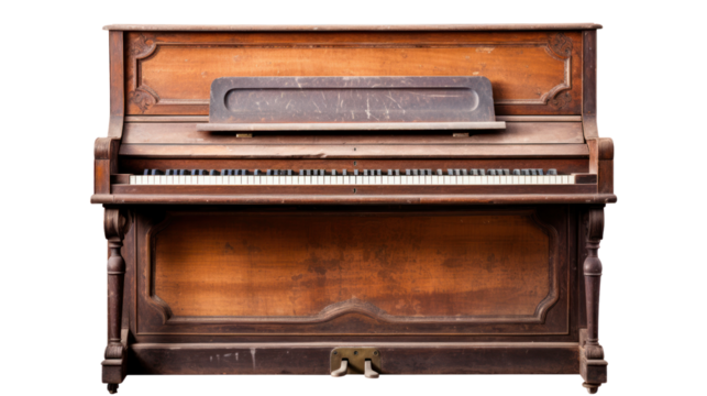 A very old brown piano, vintage isolated on transparent and white background.PNG image 