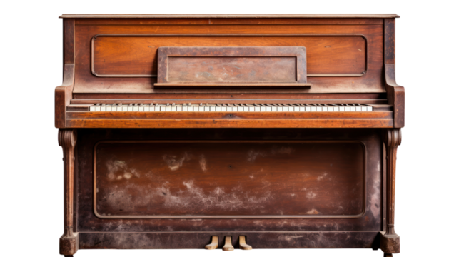 A very old brown piano, vintage isolated on transparent and white background.PNG image 