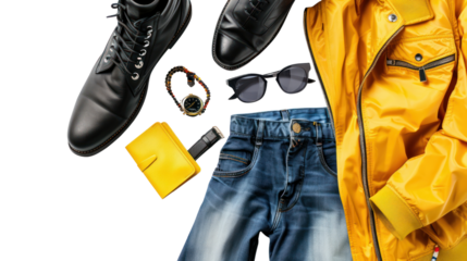 black boot , watch, blue jeans, belt, wallet, sunglasses, office shirt, isolated on transparent and white background.PNG image
