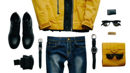 black boot , watch, blue jeans, belt, wallet, sunglasses, office shirt, isolated on transparent and white background.PNG image