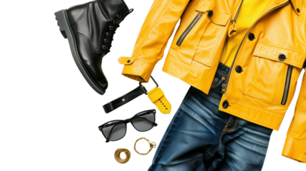 black boot , watch, blue jeans, belt, wallet, sunglasses, office shirt, isolated on transparent and white background.PNG image