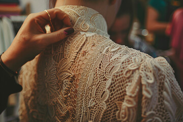 macro shot capturing the intricate details of a garment being fitted on a mannequin by a female fashion designer, photo