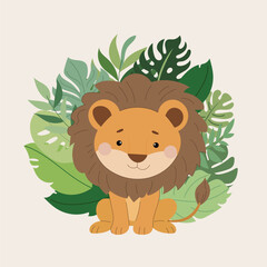 Vector illustration safari animal and tropical leaves, for kids card, posters on light background.