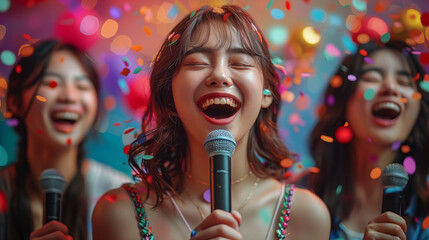 Portrait of young asian women singing in karaoke club
