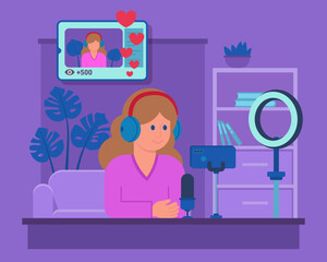 Girl using smartphone to shoot video in home studio for her vlog. Vector illustration. Video being watched and liked by many people. Vlogging, live streaming, social media concept 