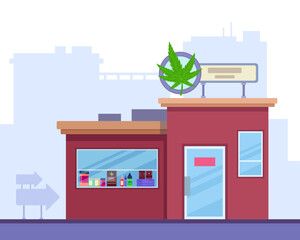 Drugstore with hemp leaf logo vector illustration. Display with different cannabis products. Medicine, cosmetics, pharmacy,  legal usage of cannabis concept