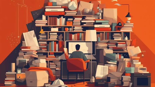 A person with hoarding disorder their room filled with stacks of clutter. Psychology art concept. .