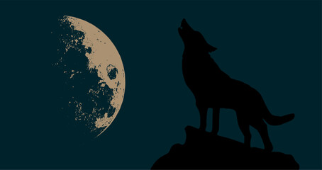 Vektor Silhouetten - heulender Wolf auf Felsen mit Mond bei Nacht - Wildnis Kultur und Symbolik