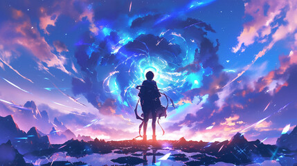 Fototapeta premium young people standing looking at the galaxy background