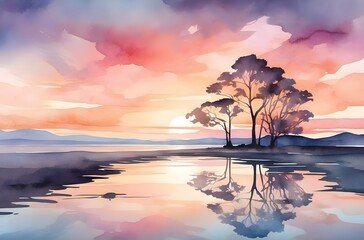Sunset Serenity: A Tranquil Lake Reflecting Vibrant Sky and Silhouetted Mountains, generative AI
