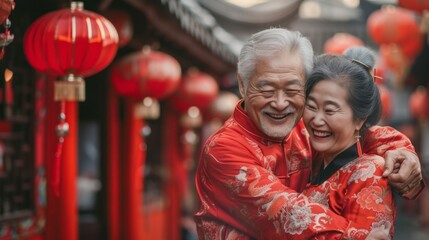 Obraz premium Asian senior Chinese new year in traditional red dress