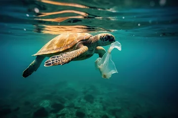 Fotobehang Sea turtle and plastic garbage in Ocean water. Plastic garbage pollution. © FutureStock