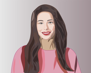 Young smiling woman with brown hair wearing a pink sweater. Vector illustration.