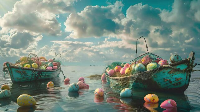 easter greeting for fisherman company fising ship full of easter egg colored in blue pink yellow with animated sea water on the beach