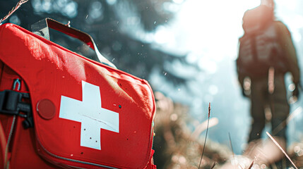 Close-up of a red first aid kit outdoors with a hiker in the background, symbolizing emergency preparedness in nature. - obrazy, fototapety, plakaty