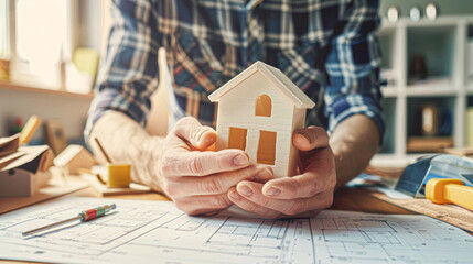 Craftsman positioning a wooden house model in a workshop, illustrating meticulous architectural design and planning.