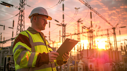 Electrical engineer conducting inspections with a clipboard at power station during sunset, ensuring grid integrity.