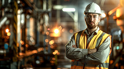 Confident industrial worker in safety gear stands with crossed arms in a warehouse with bokeh lights.