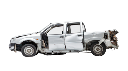 white pickup car get damaged by accident isolated on transparent and white background.PNG image
