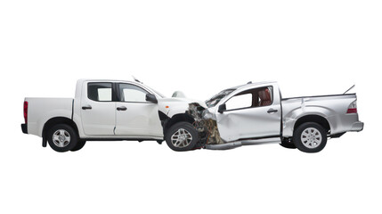 white pickup car get damaged by accident isolated on transparent and white background.PNG image - obrazy, fototapety, plakaty