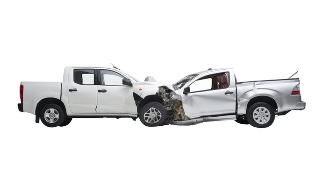 white pickup car get damaged by accident isolated on transparent and white background.PNG image