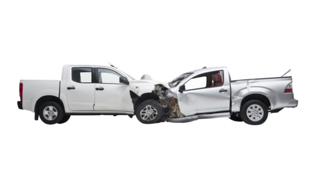 white pickup car get damaged by accident isolated on transparent and white background.PNG image