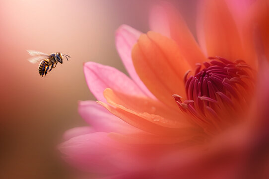 Close-up of a bee hovering next to a pink flower head, Indonesia