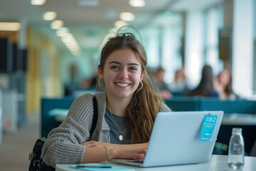young smiling woman using laptop at the office