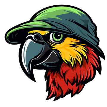 Vector illustration of a parrot head in baseball cap. T-shirt design