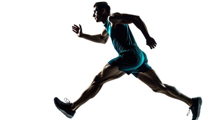 silhouette one caucasian man young sprinter  running isolated on transparent and white background.PNG image