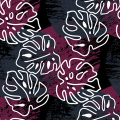 Monstera leaves decorative seamless pattern for textile design, fabric print, digital or wrapping paper, wallpaper, background and backdrop, decoration. Tropical summer holiday theme.