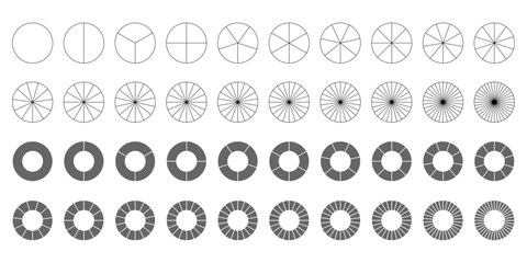 Alignment of pie chart diagrams or evenly divided circles with increasing numbers of segments - obrazy, fototapety, plakaty