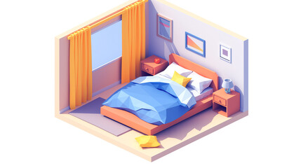 Bright Isometric Bedroom with Blue Bedding, Yellow Pillows, and Open Curtains in Sunlight