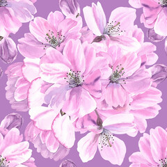 Watercolour Sakura spring flowers illustration seamless pattern. Seasonal Cherry blossom. Hand-painted. Botanical Floral elements. On violet background. For fabric, wrapping, interior print decoration