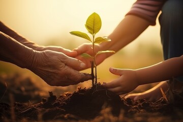 Generations Unite in Planting Young Tree. Elderly hands and child's hands together nurturing a young plant, symbolizing growth and environmental education.