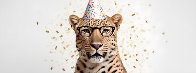 Leopard in a festive hat and glasses. Creative animal concept. Postcard or invitation to a party. Banner for advertising
