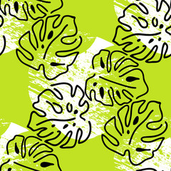 Monstera leaves decorative seamless pattern for textile design, fabric print, digital or wrapping paper, wallpaper, background and backdrop, decoration. Tropical summer holiday theme.