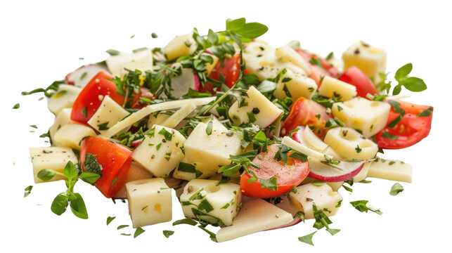 Salad with cheese and fresh vegetables isolated on transparent and white background.PNG image