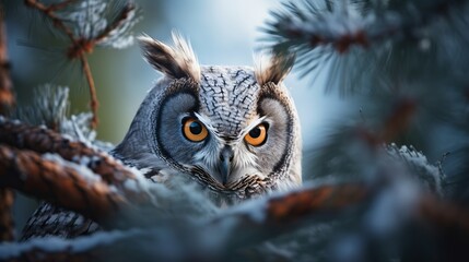 Owl on the tree. Hidden portrait of Long-eared Owl with big orange eyes behind larch tree trunk, wild animal in the nature habitat, Sweden. Wildlife scene from nature - obrazy, fototapety, plakaty