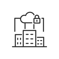 Data security of the city database, linear icon. Multi-storey buildings and a castle on a cloud. Line with editable stroke