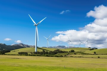 Wind turbines in a green field under a blue sky, representing sustainable energy solutions. Renewable Energy Landscape with Wind Turbines