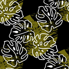 Monstera leaves decorative seamless pattern for textile design, fabric print, digital or wrapping paper, wallpaper, background and backdrop, decoration. Tropical summer holiday theme.