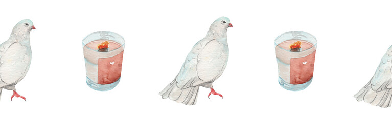 Watercolor candle and pigeon border.Christian seamless border. Hand painted illustration on white backround.
